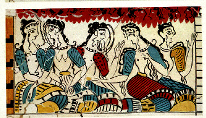 A fresco of 5 women sitting on a bench. 4 of them are turned towards each other in pairs talking. The fifth one is looking to the right with her left hand raised.