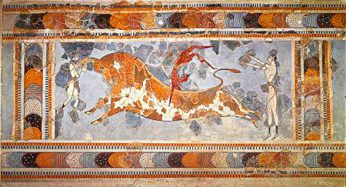A fresco from the Knossos temple. A male bull leaper does a flip over a spotted bull while a female bull leaper holds the bull's horns. Another female bull leaper stands behind the bull, facing him with with upraised arms.