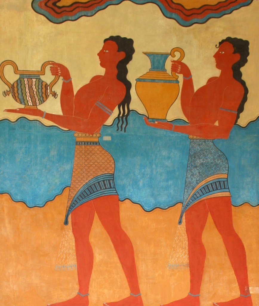 Detail from the Corridor of Processions fresco at Knossos. Two men wearing wrap-around skirts/kilts carry vessels in a procession. They have red skin and long black hair. Behind them is an abstract background of orange, blue and yellow.