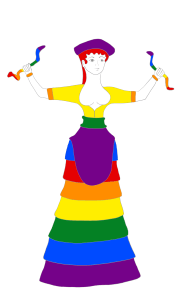 Drawing of the Minoan Snake Goddess figurine, with her clothing and the snakes she is holding colored like a rainbow.